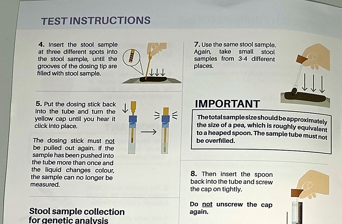 Illustrated test instructions supplied with the ColoAlert kit, showing how to fill the dosing stick and close the tube