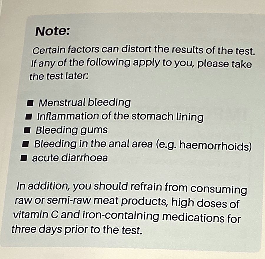 Manufacturer’s note listing factors that can distort the result: menstrual bleeding, gastritis, bleeding gums, haemorrhoids and acute diarrhoea