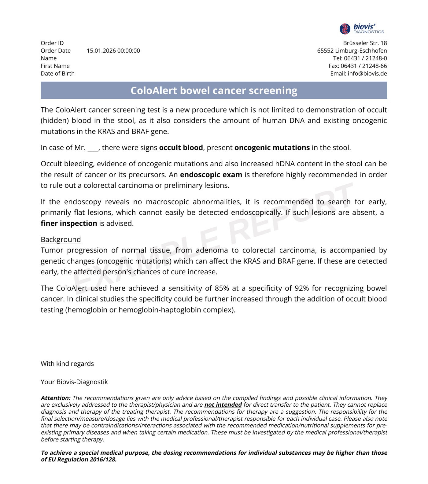 Laboratory interpretation page of the example ColoAlert report, recommending an endoscopic examination